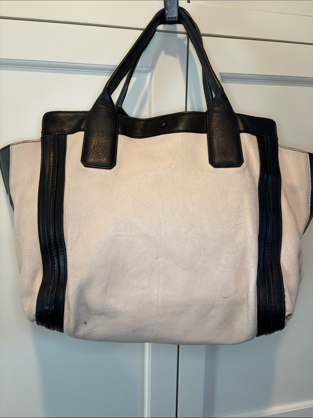 Chloe Cream and Black Colorblock Top Handle Leather Tote